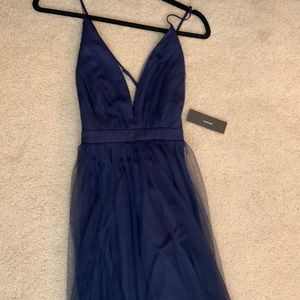Lulu’s Rare Beauty Navy Blue Tulle Backless Maxi Dress
